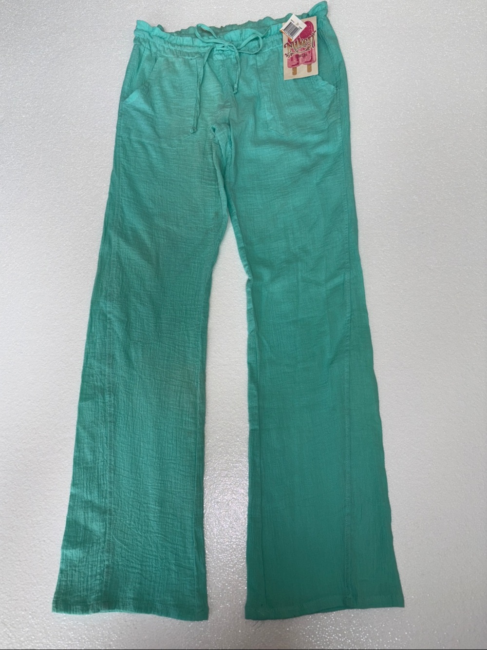 NWT Ladies Miken Swim Teal Drawstring Cotton Gauze Boot Cut Pants Size S
